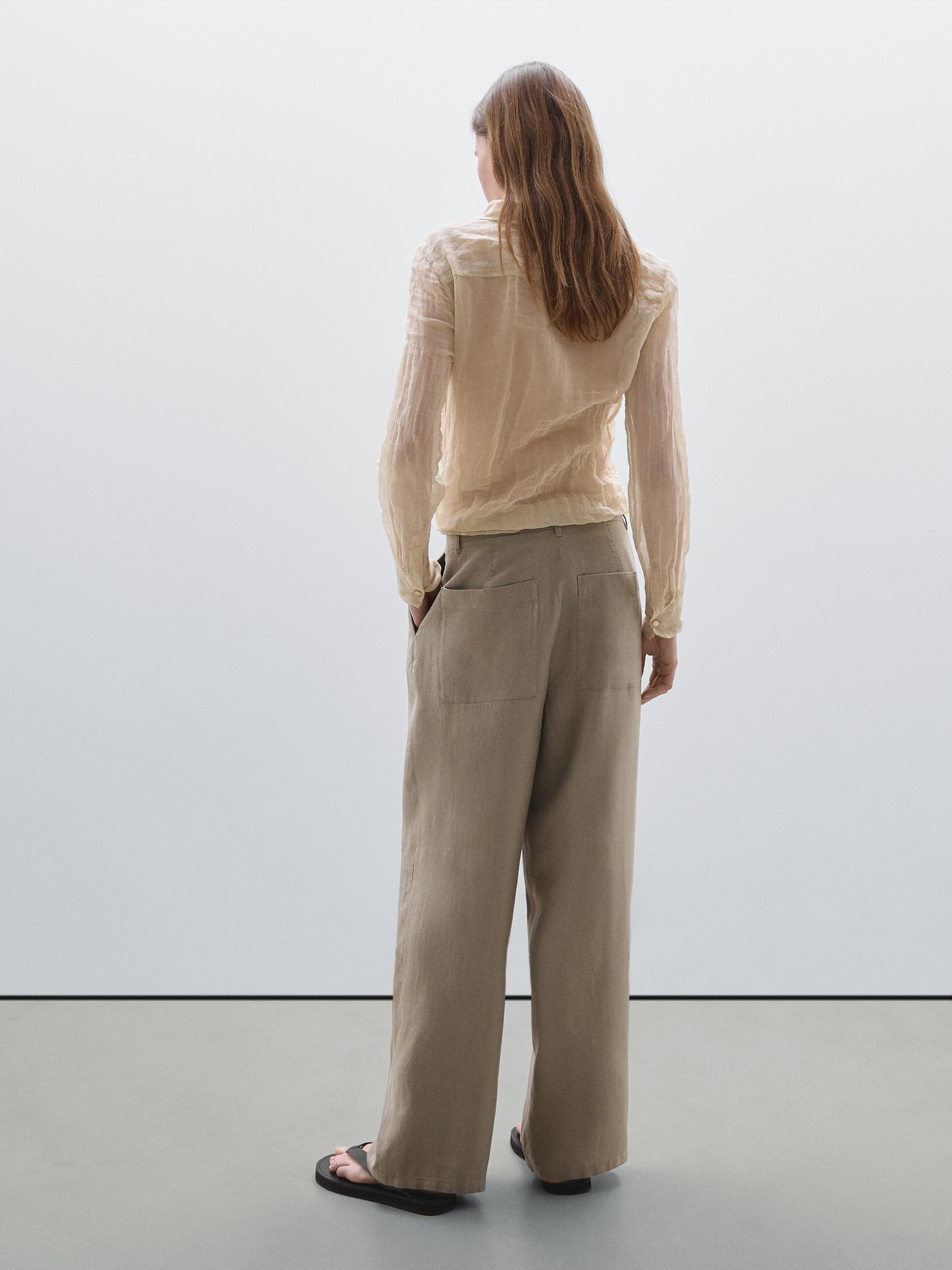 100% linen wide-leg mid-rise trousers